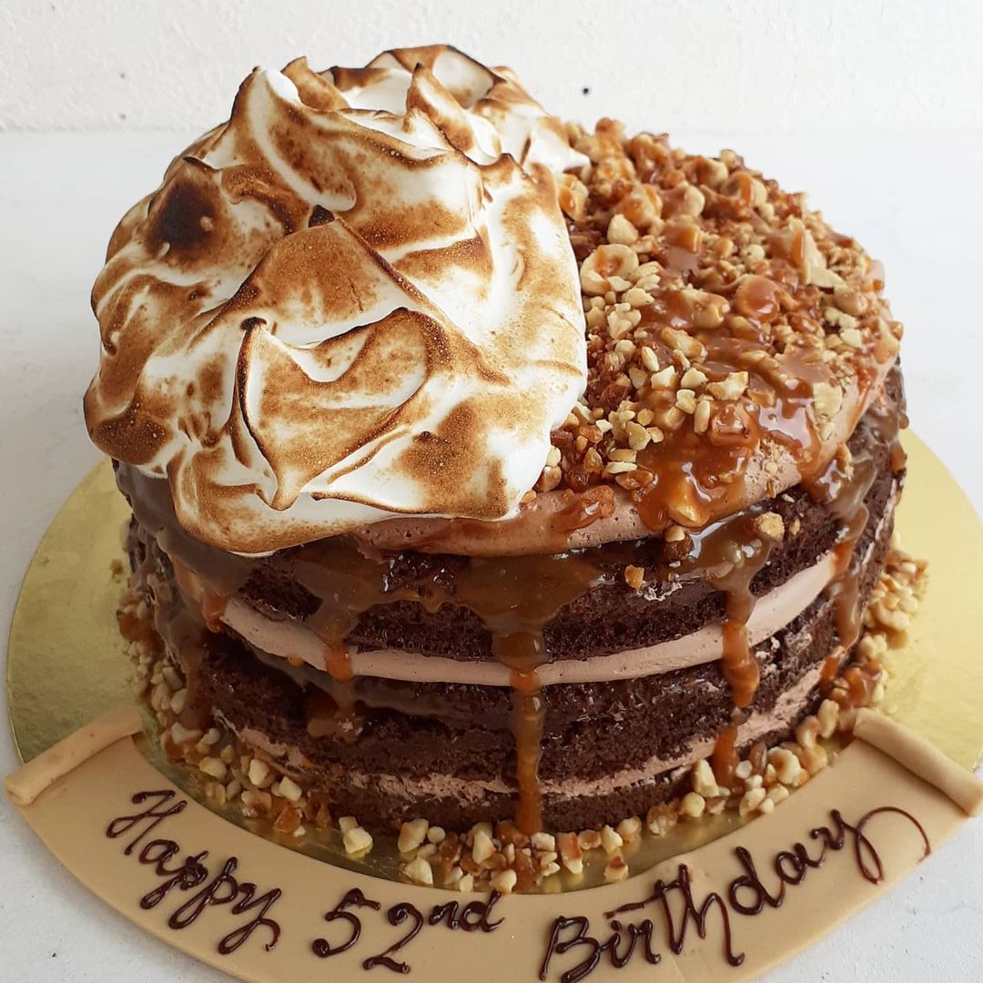 Chocolate Caramel Cake with Torched Meringue