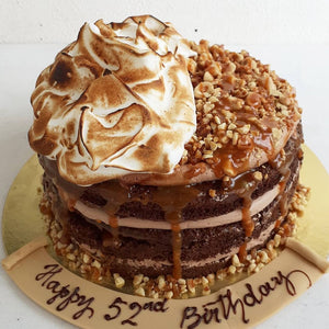 Chocolate Caramel Cake with Torched Meringue